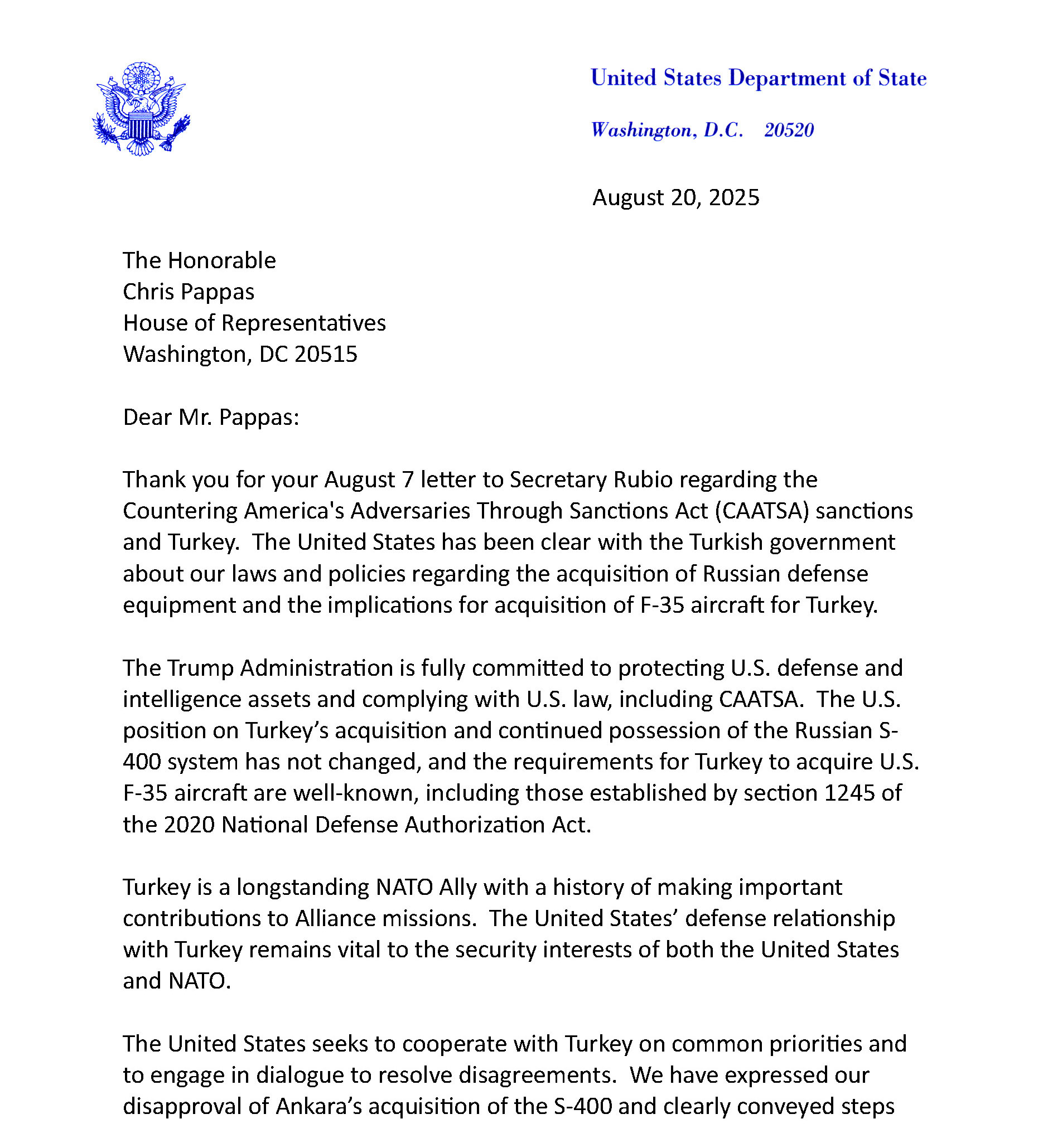 State Department’s F35s to Turkey Response
