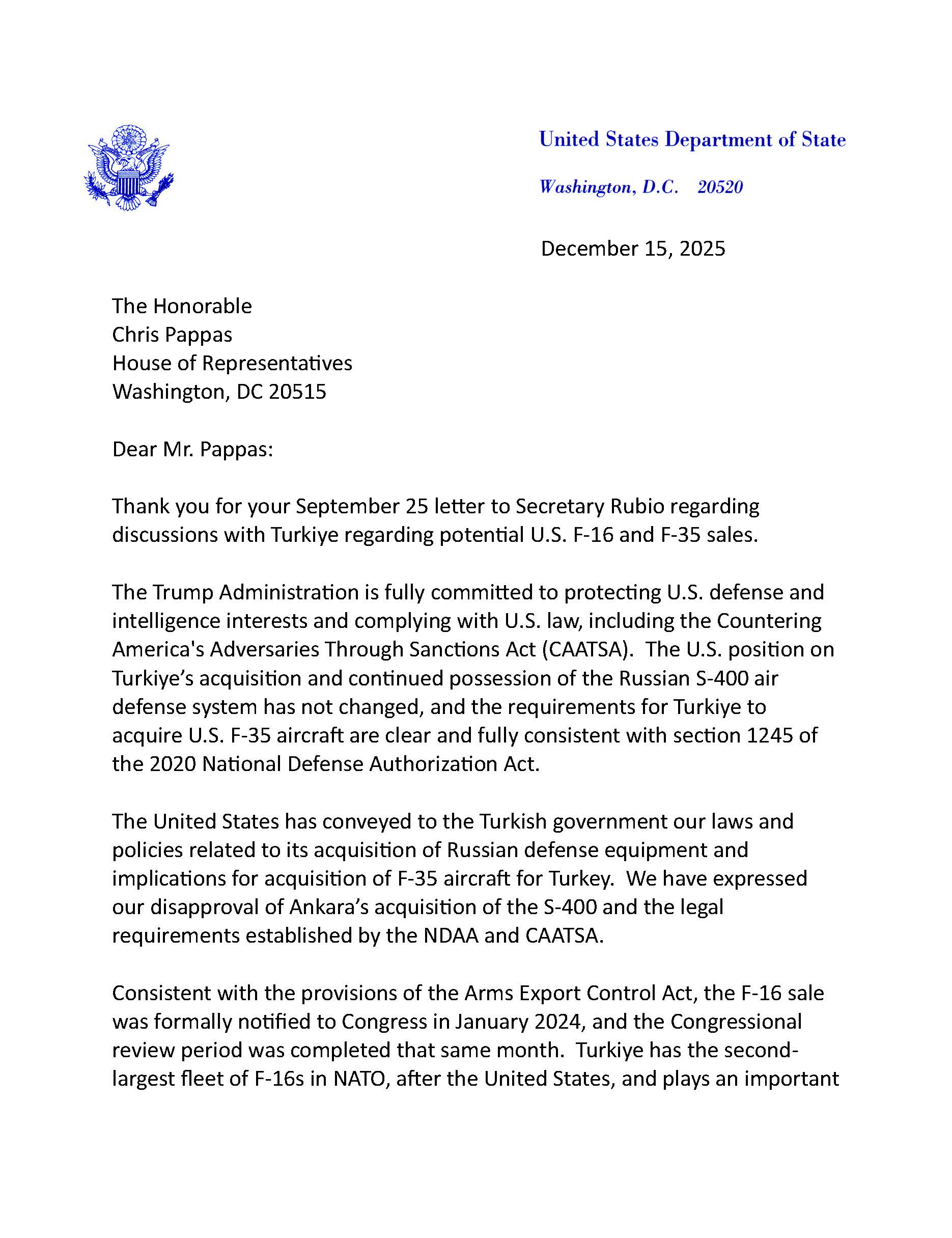 State Department’s response to September 2025 letter on Turkey F35 sales and NDAA compliance State Department’s response to September 2025 letter on Turkey F35 sales and NDAA compliance