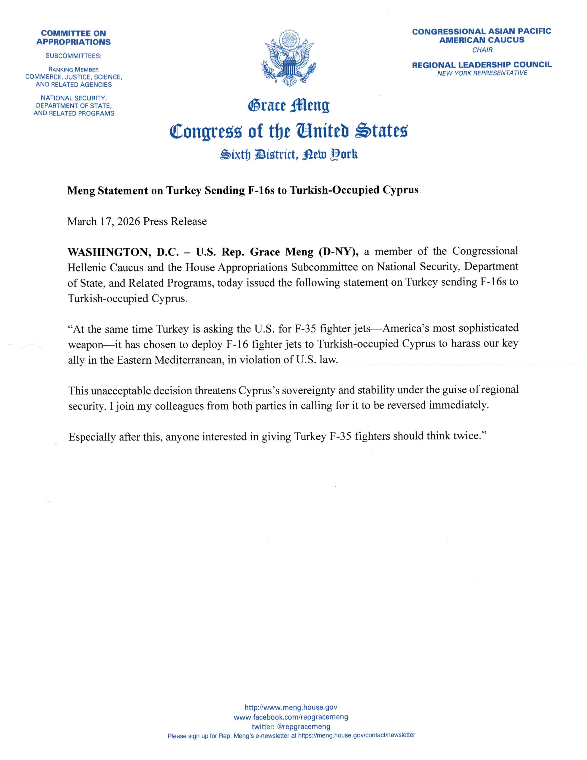Grace Meng’s Statement on Turkey Sending F-16s to Turkish-Occupied Cyprus 