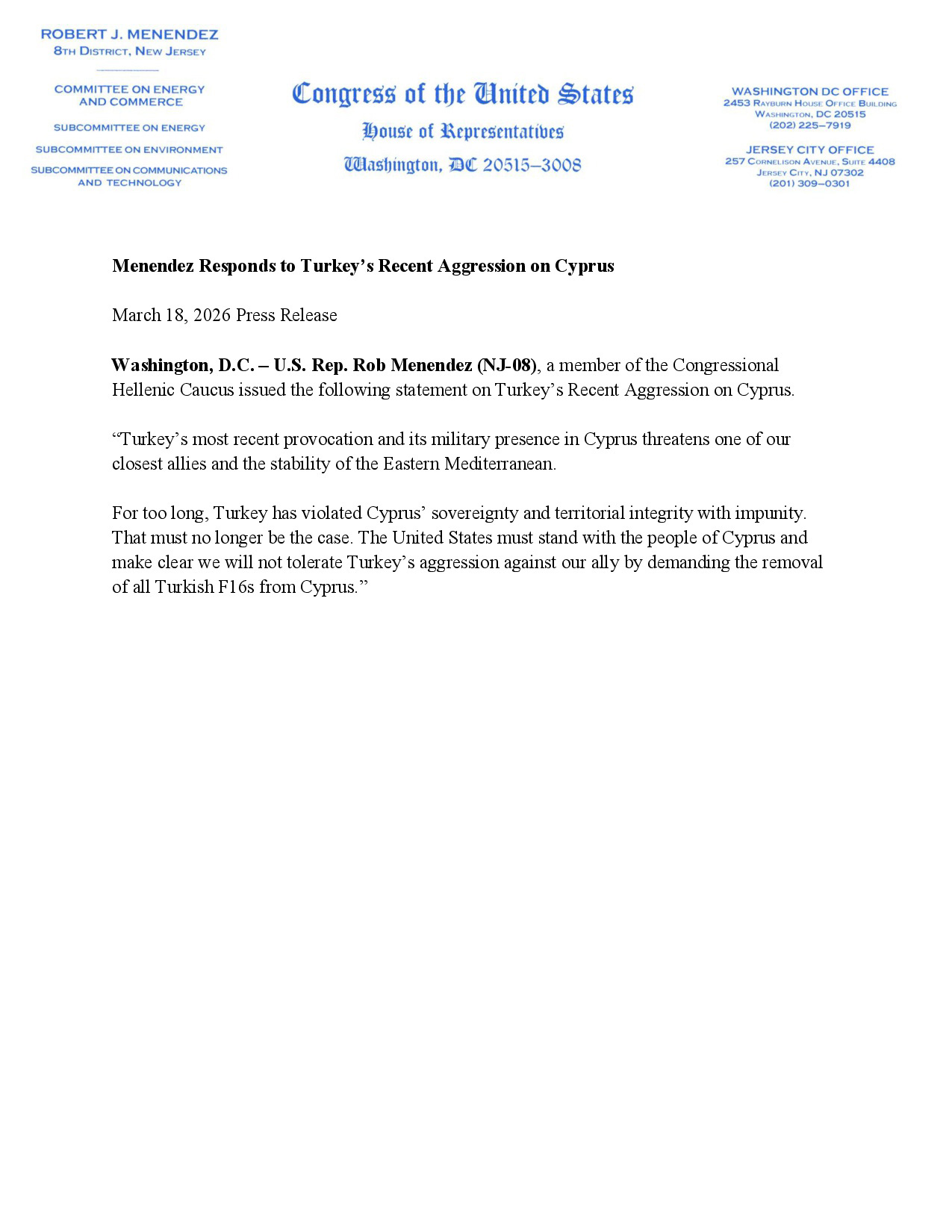 Menendez Responds to Turkey’s Recent Aggression on Cyprus