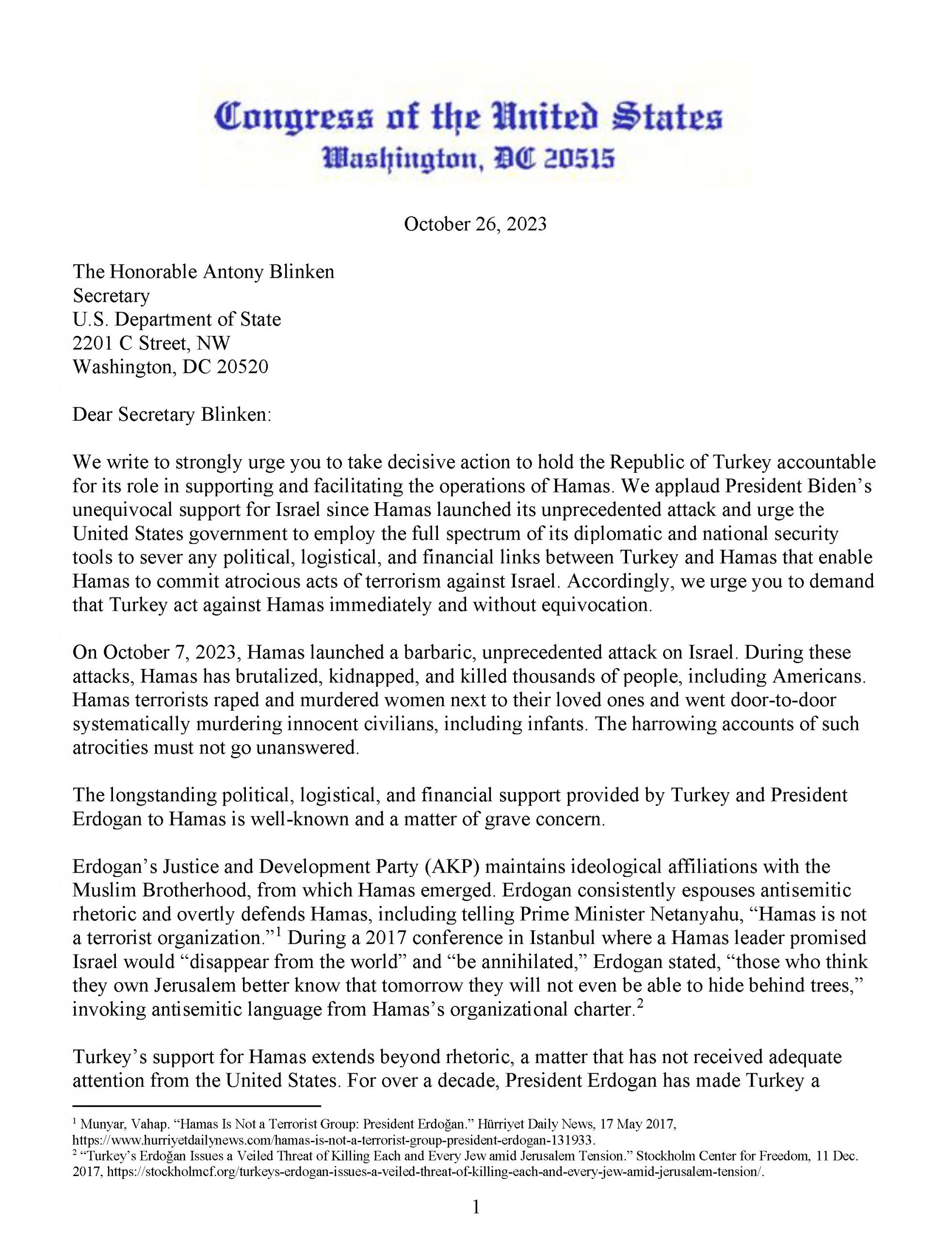 10.26.23 Rep. Pappas Letter to Secretary Blinken on Turkey's Support for Hamas_Page_1 10.26.23 Rep. Pappas Letter to Secretary Blinken on Turkey's Support for Hamas_Page_1